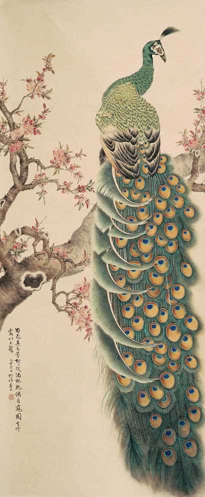 陆抑非 桃花孔雀图 立轴